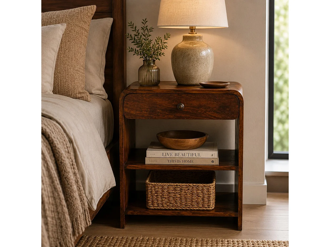 Artisan Furniture sengebord lavet af massivt aspetræ med et åbent design, 1 skuffe og 2 åbne rum, mørkebrun farve.