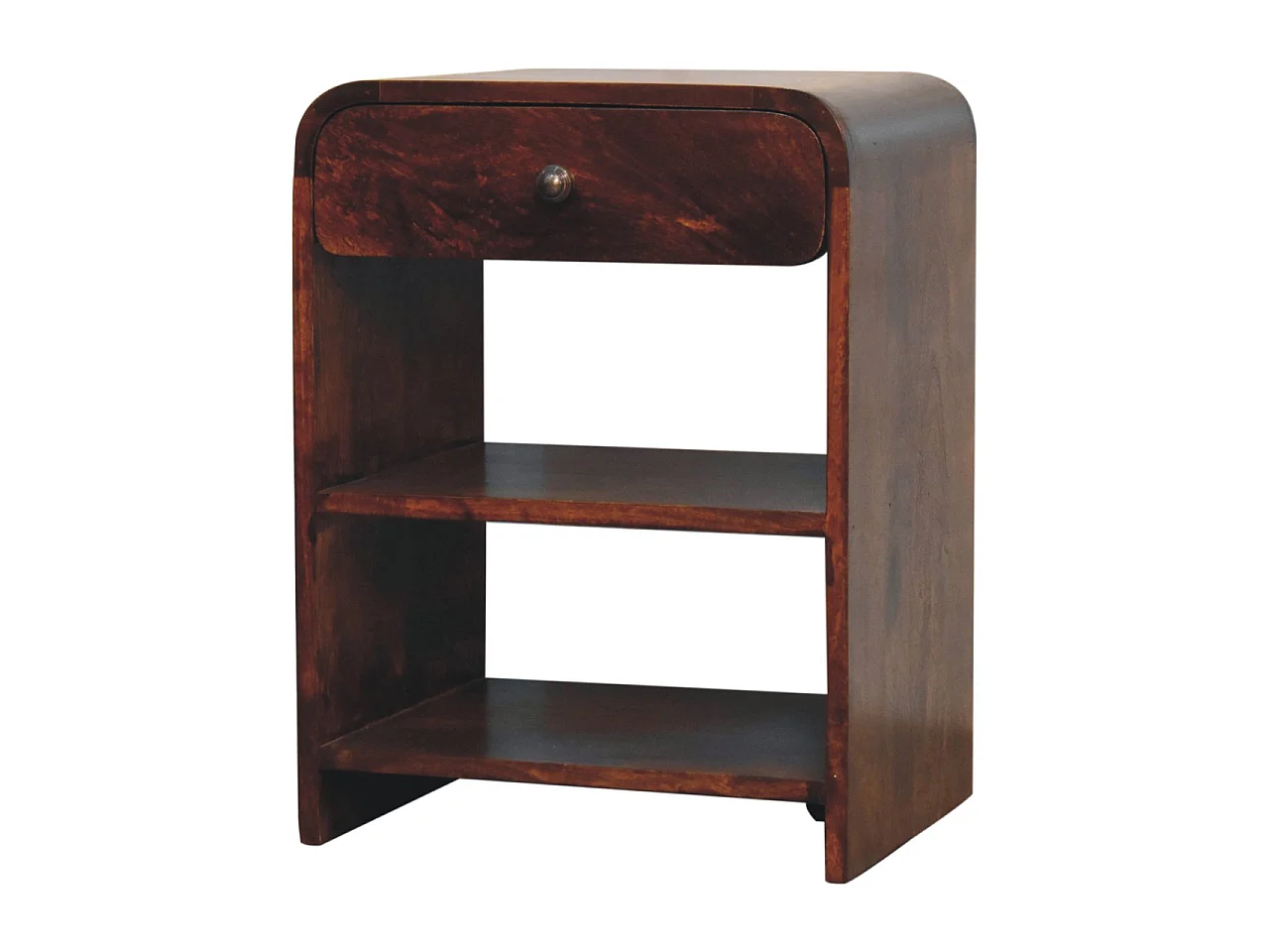 Artisan Furniture sengebord lavet af massivt aspetræ med et åbent design, 1 skuffe og 2 åbne rum, mørkebrun farve.