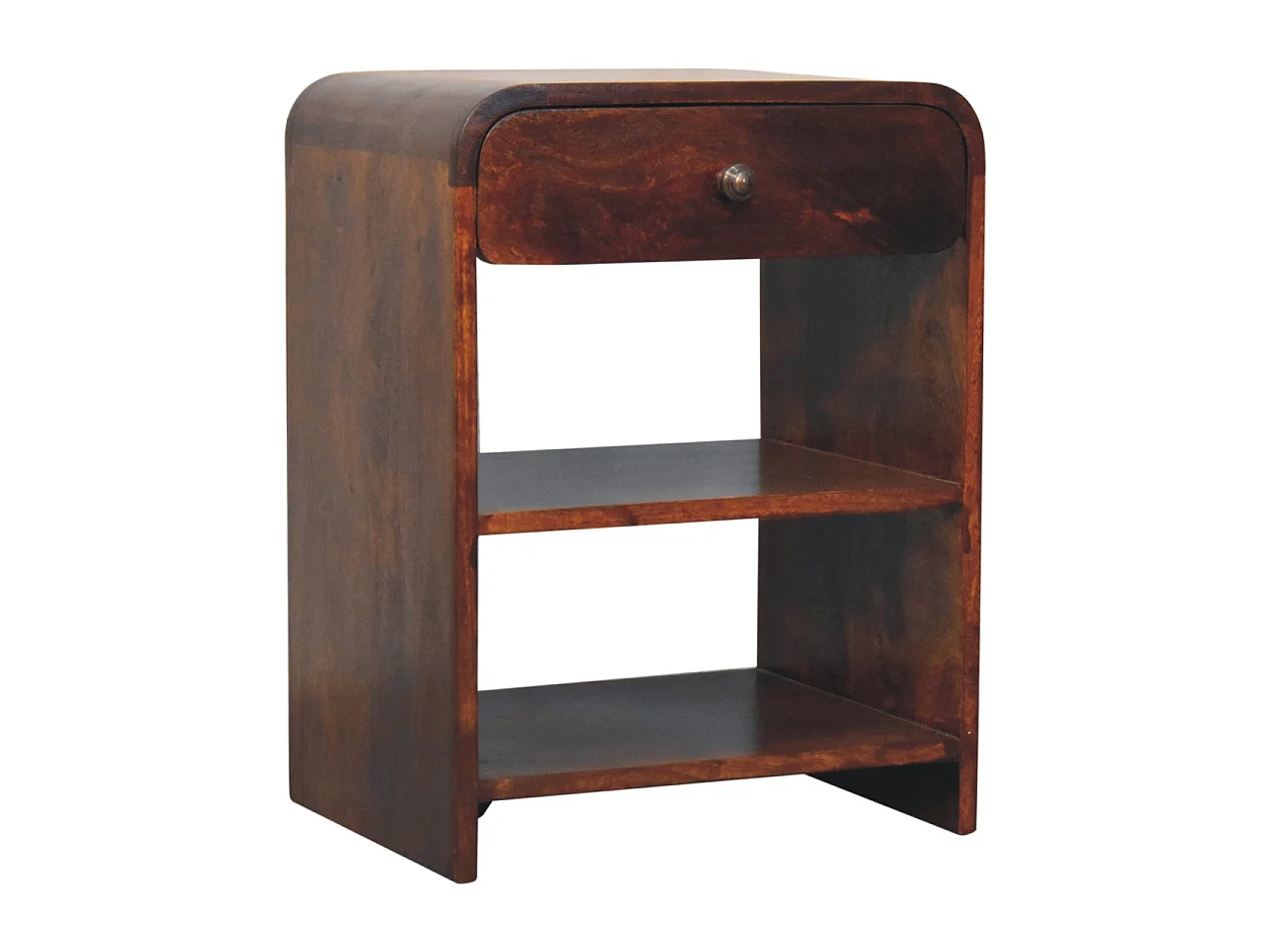 Artisan Furniture sengebord lavet af massivt aspetræ med et åbent design, 1 skuffe og 2 åbne rum, mørkebrun farve.