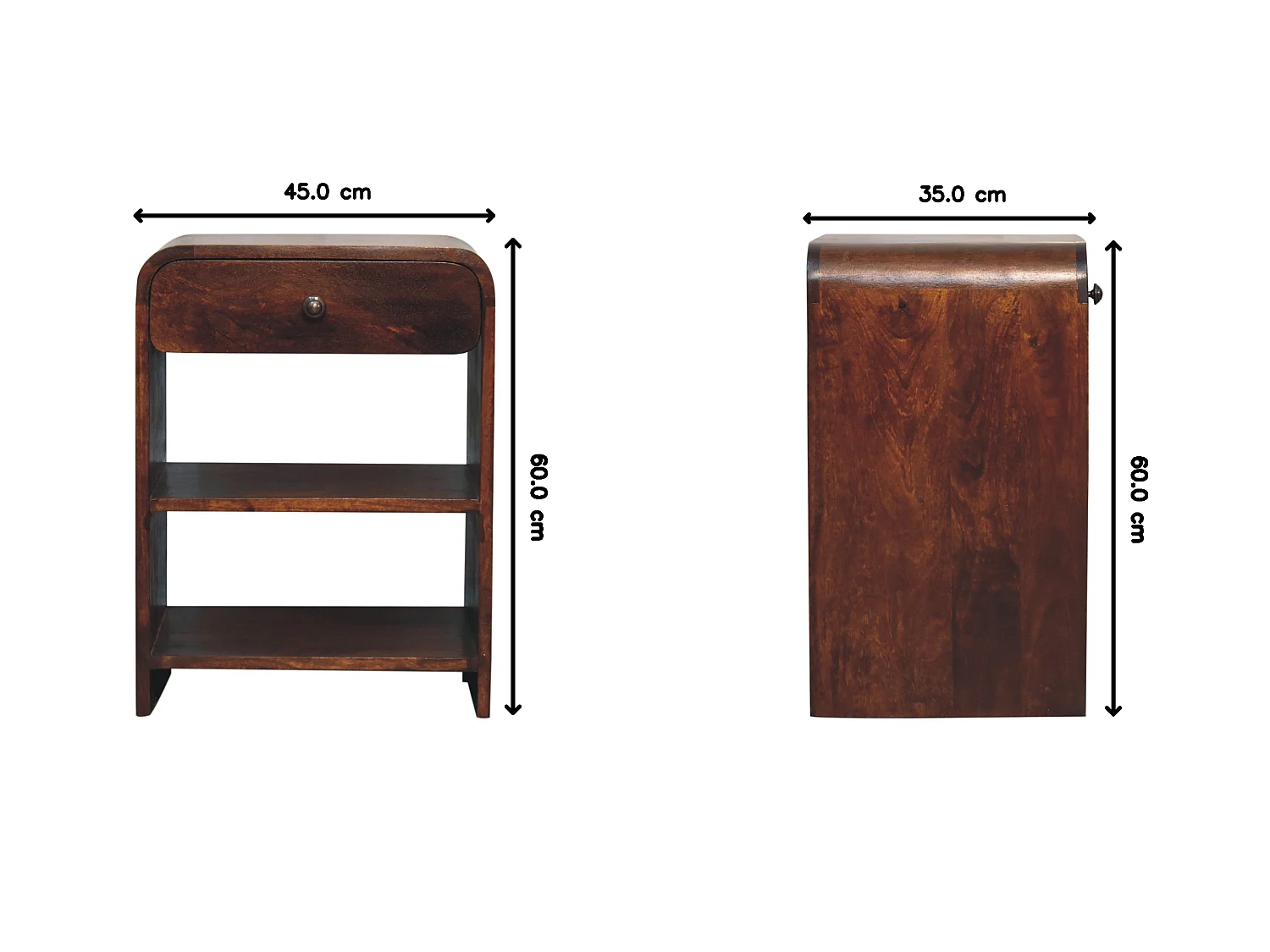 Artisan Furniture sengebord lavet af massivt aspetræ med et åbent design, 1 skuffe og 2 åbne rum, mørkebrun farve.