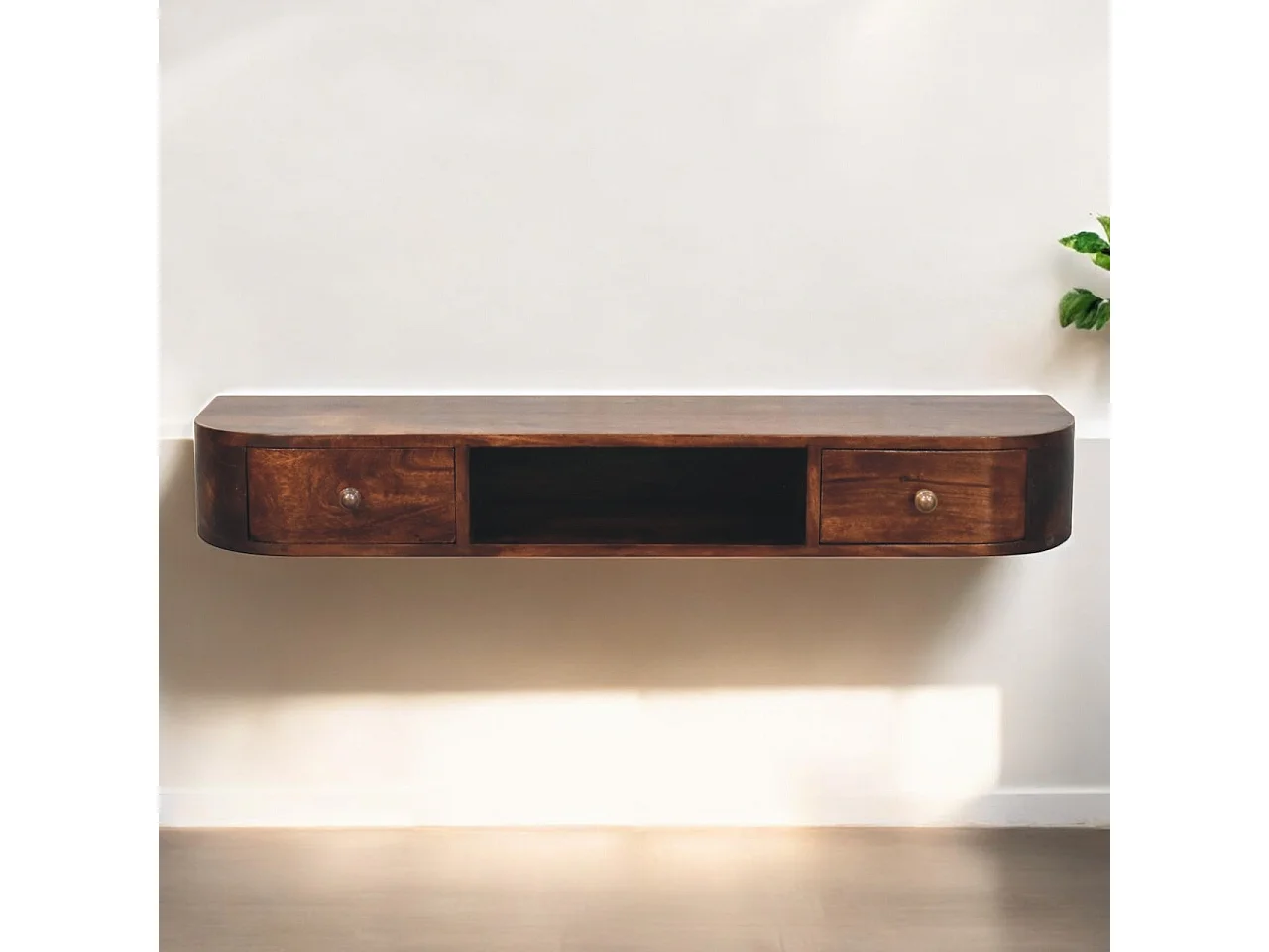Artisan Furniture Console murale Lunar en bois massif avec 2 tiroirs, finition châtaigne, marron foncé
