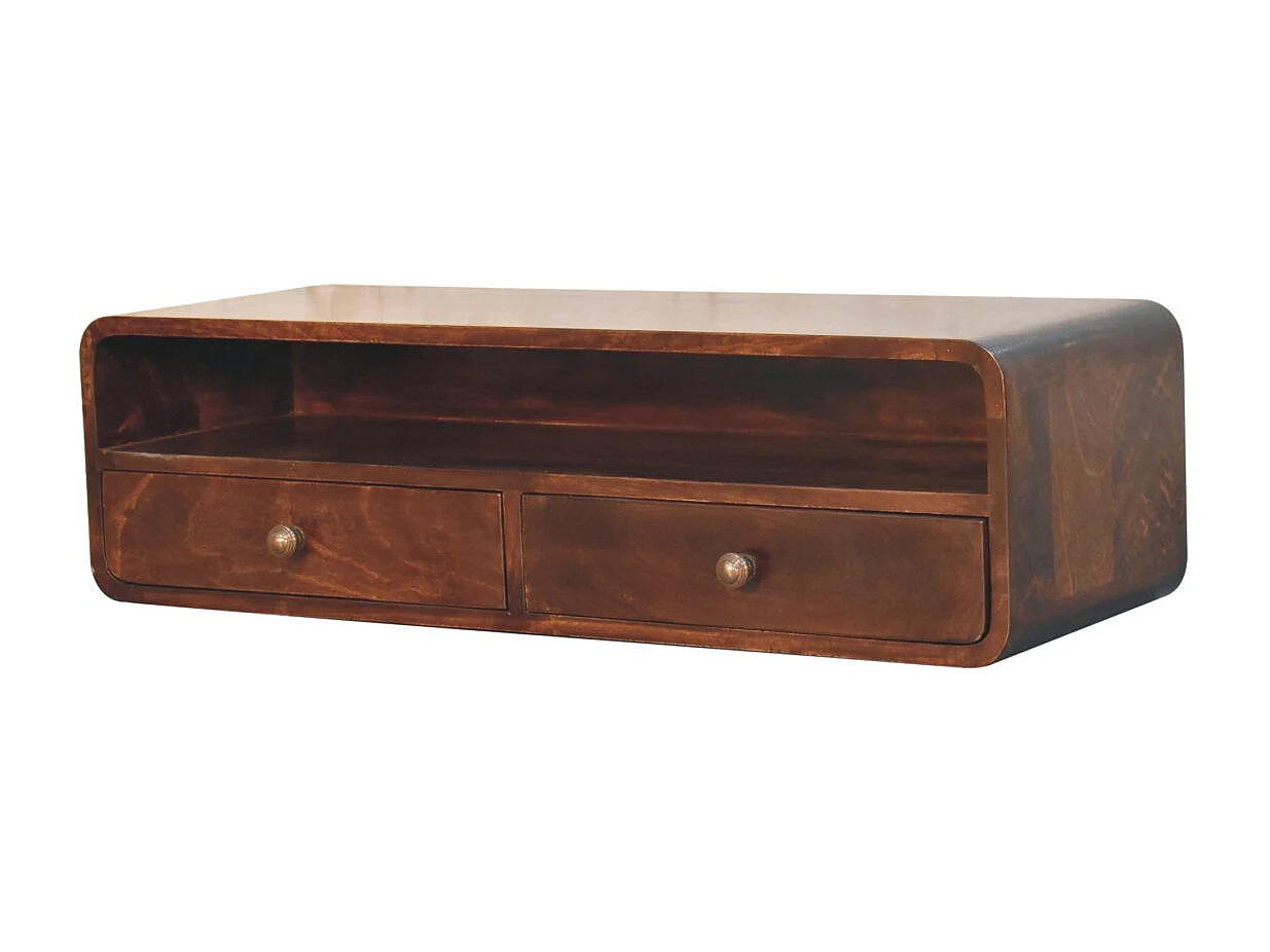 Artisan Furniture Console flottante ouverte California Walnut en bois massif, 2 tiroirs et une étagère ouverte, marron foncé