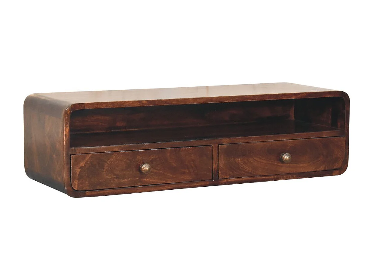 Artisan Furniture Console flottante ouverte California Walnut en bois massif, 2 tiroirs et une étagère ouverte, marron foncé