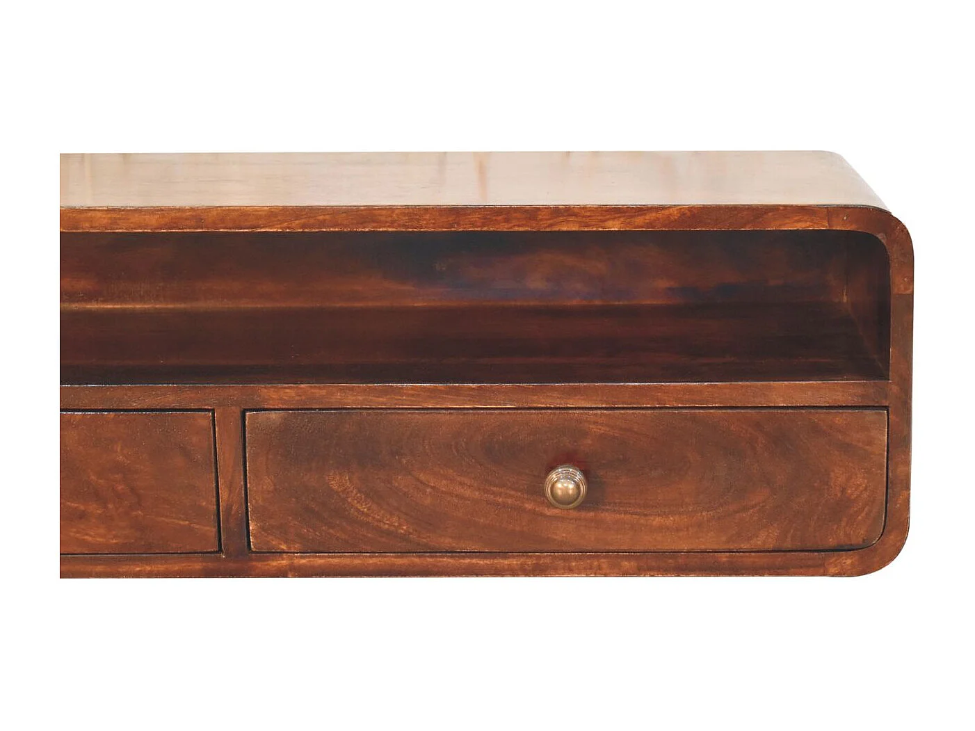 Artisan Furniture Console flottante ouverte California Walnut en bois massif, 2 tiroirs et une étagère ouverte, marron foncé