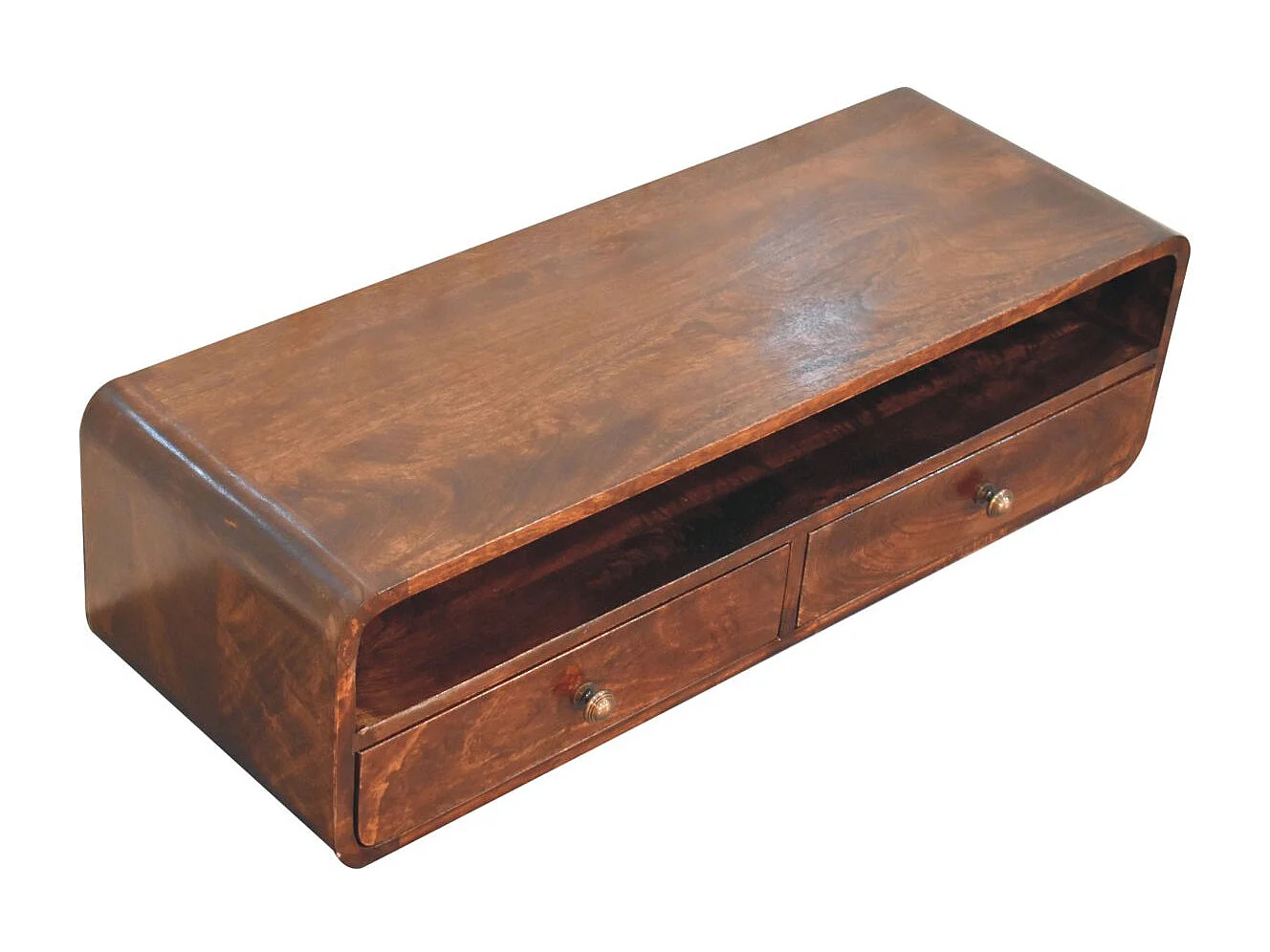 Artisan Furniture Console flottante ouverte California Walnut en bois massif, 2 tiroirs et une étagère ouverte, marron foncé
