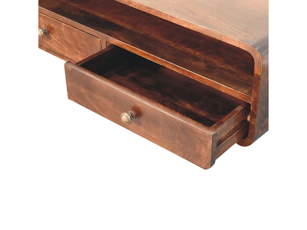 Artisan Furniture Console flottante ouverte California Walnut en bois massif, 2 tiroirs et une étagère ouverte, marron foncé