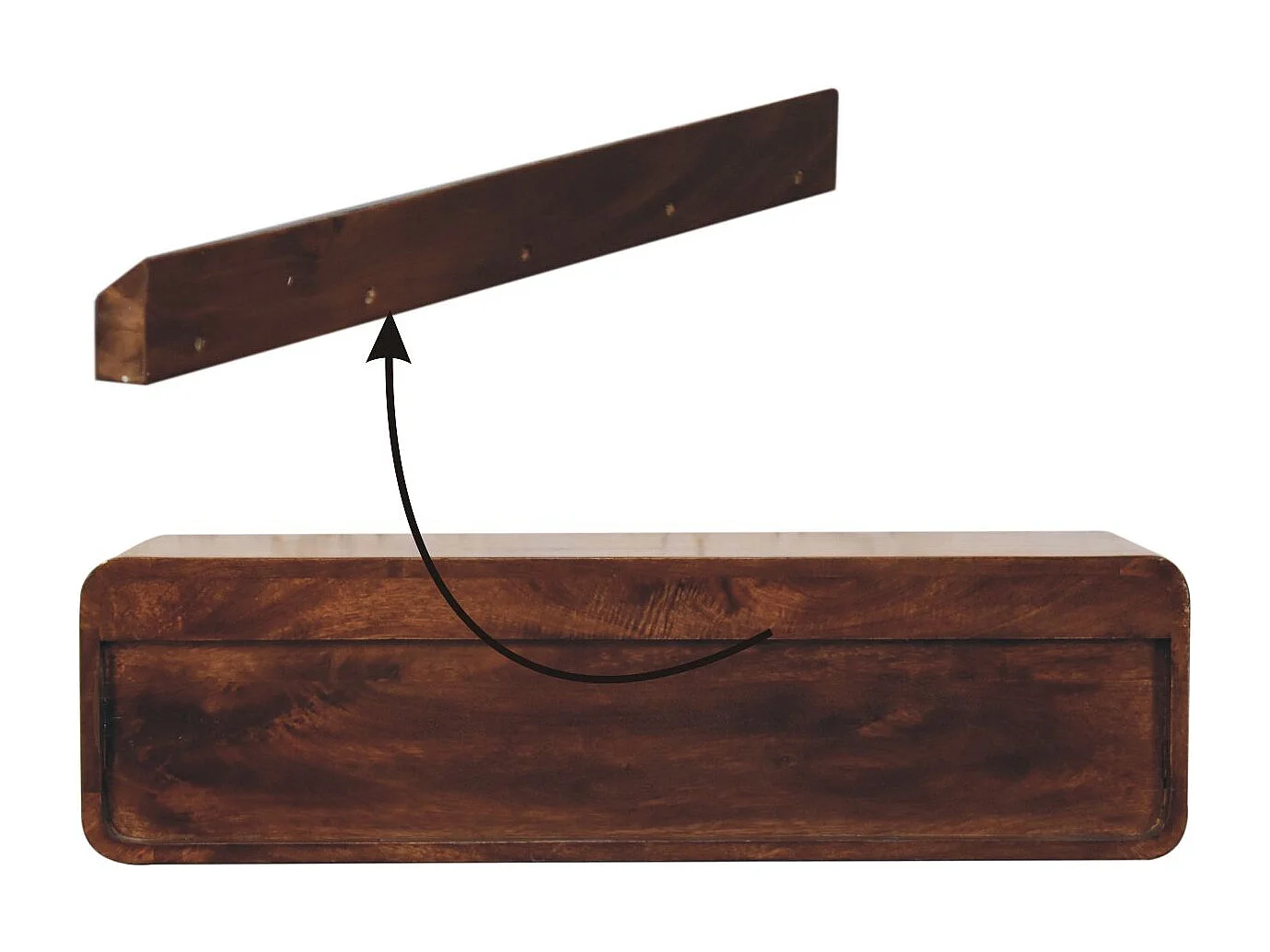 Artisan Furniture Console flottante ouverte California Walnut en bois massif, 2 tiroirs et une étagère ouverte, marron foncé