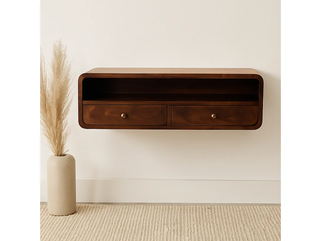 Artisan Furniture Console flottante ouverte California Walnut en bois massif, 2 tiroirs et une étagère ouverte, marron foncé