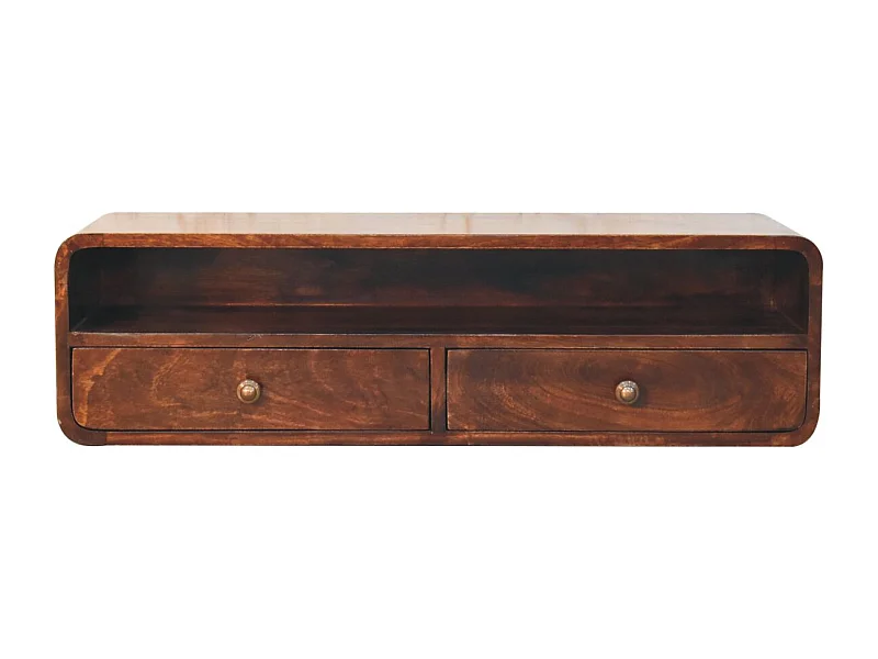 Artisan Furniture Console flottante ouverte California Walnut en bois massif, 2 tiroirs et une étagère ouverte, marron foncé