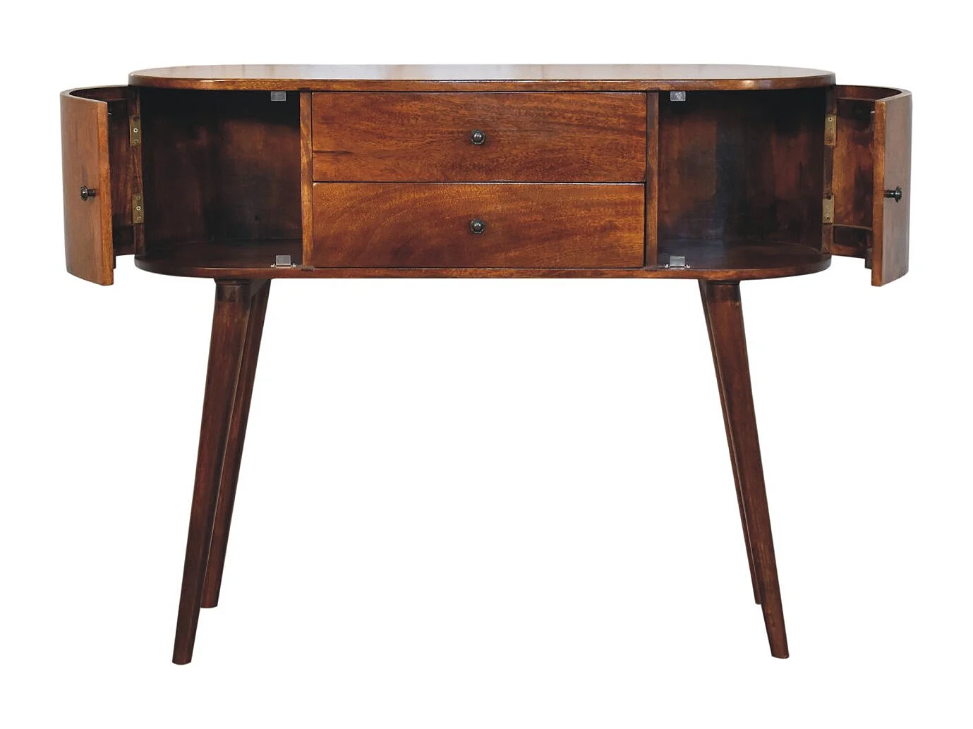 Artisan Furniture Table console Grove en bois massif, 2 tiroirs centraux et armoires latérales, marron foncé