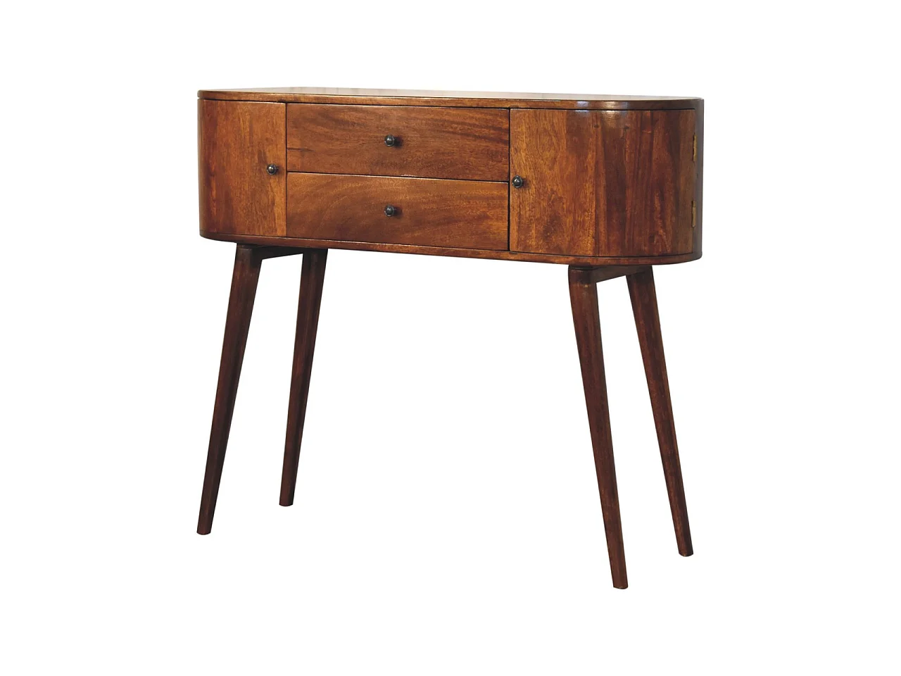 Consolle Grove di Artisan Furniture, realizzata in legno massello, con 2 cassetti centrali e armadietti laterali, colore marrone scuro.