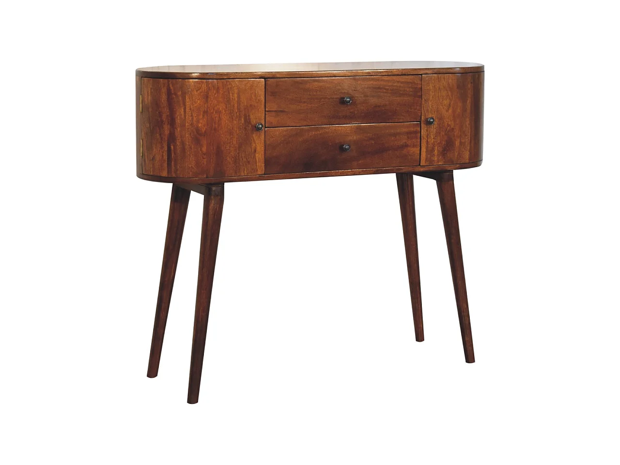 Consolle Grove di Artisan Furniture, realizzata in legno massello, con 2 cassetti centrali e armadietti laterali, colore marrone scuro.