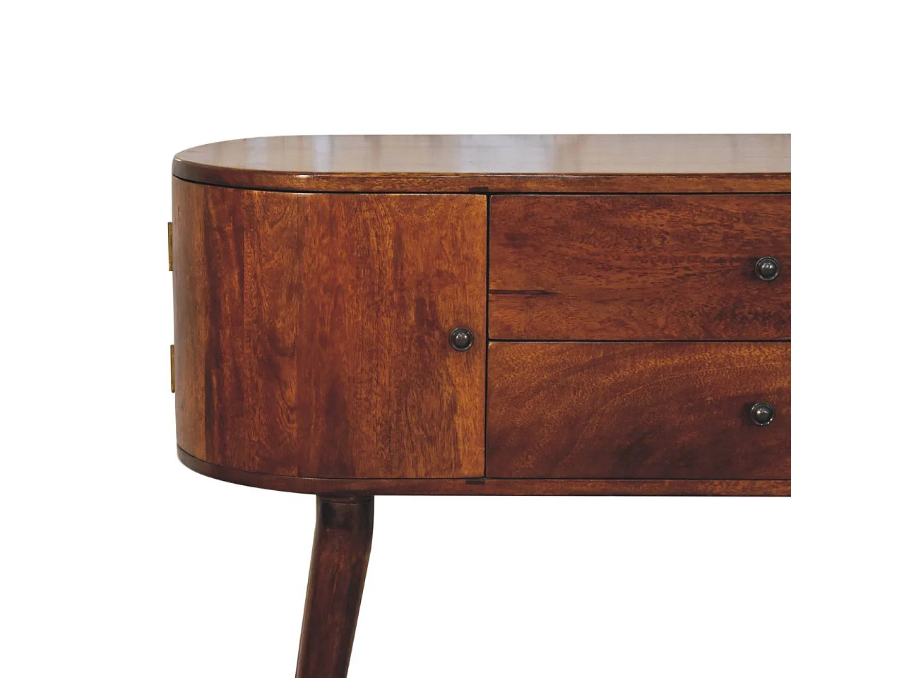Consolle Grove di Artisan Furniture, realizzata in legno massello, con 2 cassetti centrali e armadietti laterali, colore marrone scuro.
