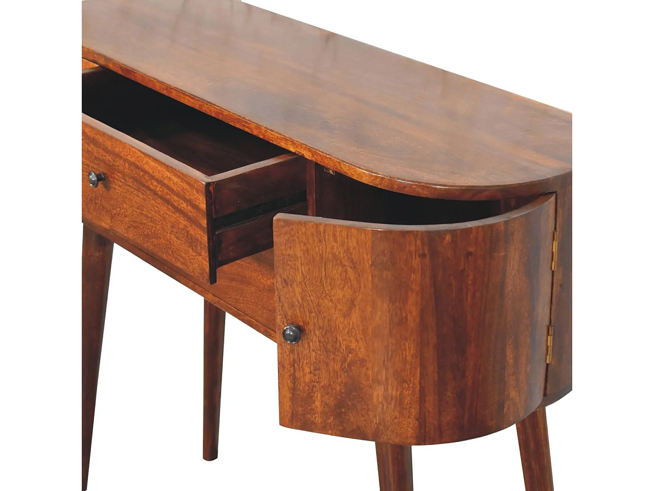 Consolle Grove di Artisan Furniture, realizzata in legno massello, con 2 cassetti centrali e armadietti laterali, colore marrone scuro.