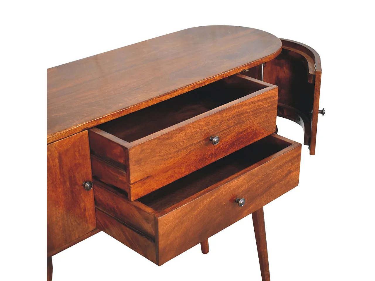 Consolle Grove di Artisan Furniture, realizzata in legno massello, con 2 cassetti centrali e armadietti laterali, colore marrone scuro.