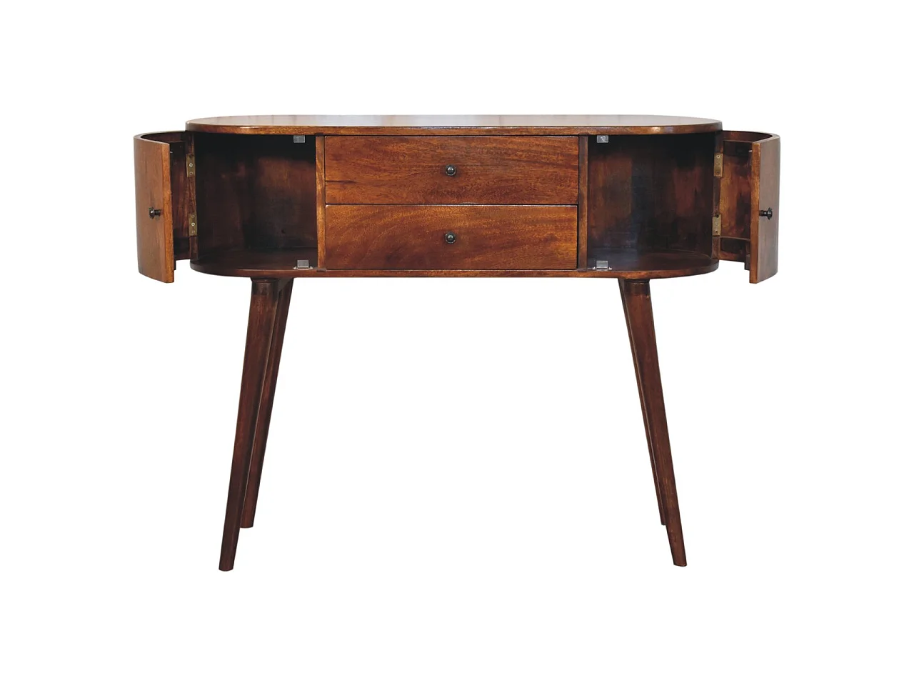 Consolle Grove di Artisan Furniture, realizzata in legno massello, con 2 cassetti centrali e armadietti laterali, colore marrone scuro.