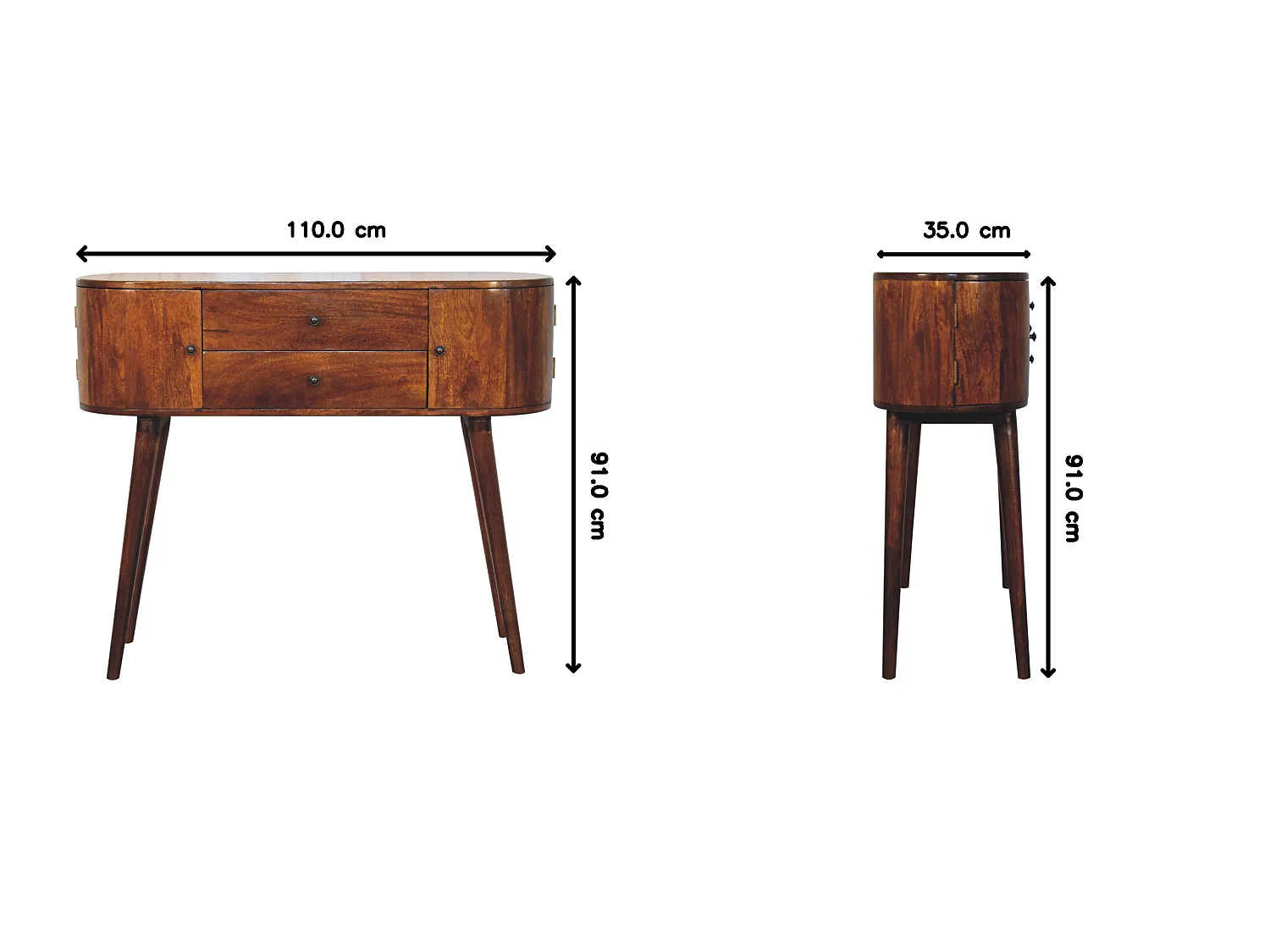 Consolle Grove di Artisan Furniture, realizzata in legno massello, con 2 cassetti centrali e armadietti laterali, colore marrone scuro.