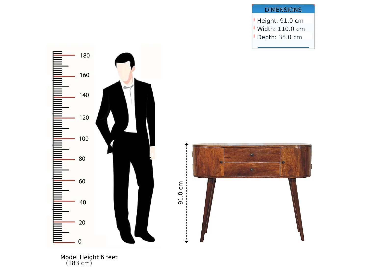 Consolle Grove di Artisan Furniture, realizzata in legno massello, con 2 cassetti centrali e armadietti laterali, colore marrone scuro.