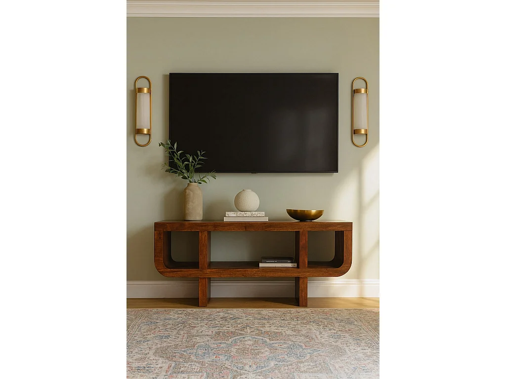 Artisan Furniture Meuble TV Orion incurvé en bois massif finition châtaigne, marron foncé