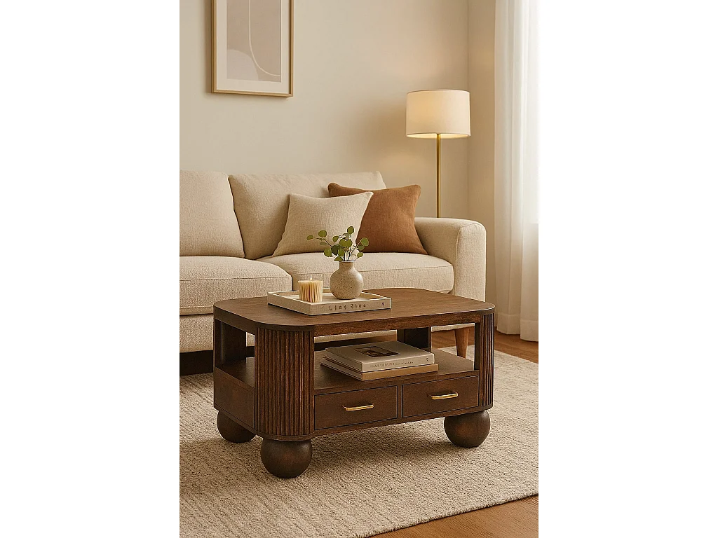 Artisan Furniture Table basse à pieds sphériques en bois massif, 1 compartiment ouvert et 2 tiroirs compacts, marron foncé