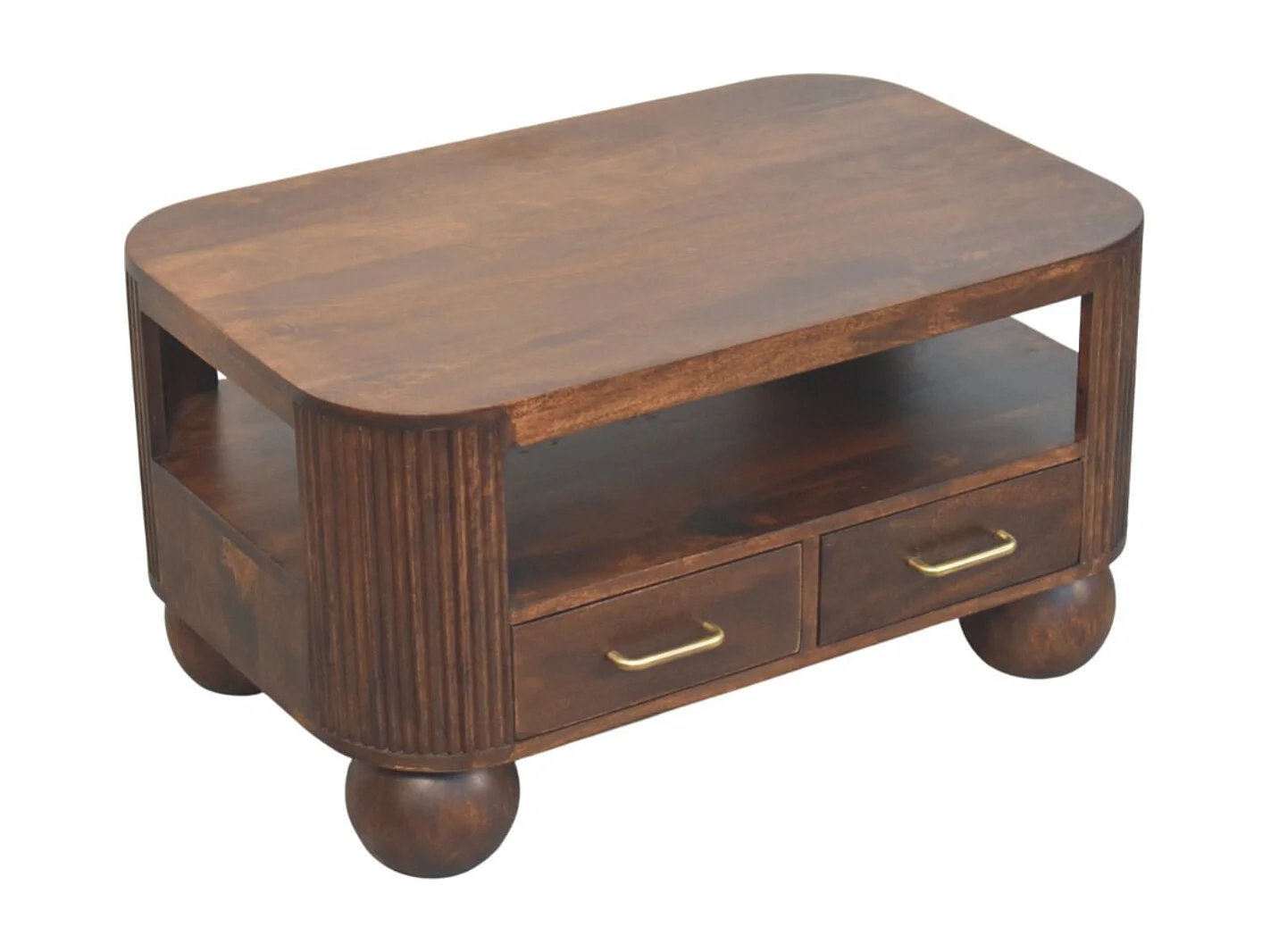 Artisan Furniture Table basse à pieds sphériques en bois massif, 1 compartiment ouvert et 2 tiroirs compacts, marron foncé