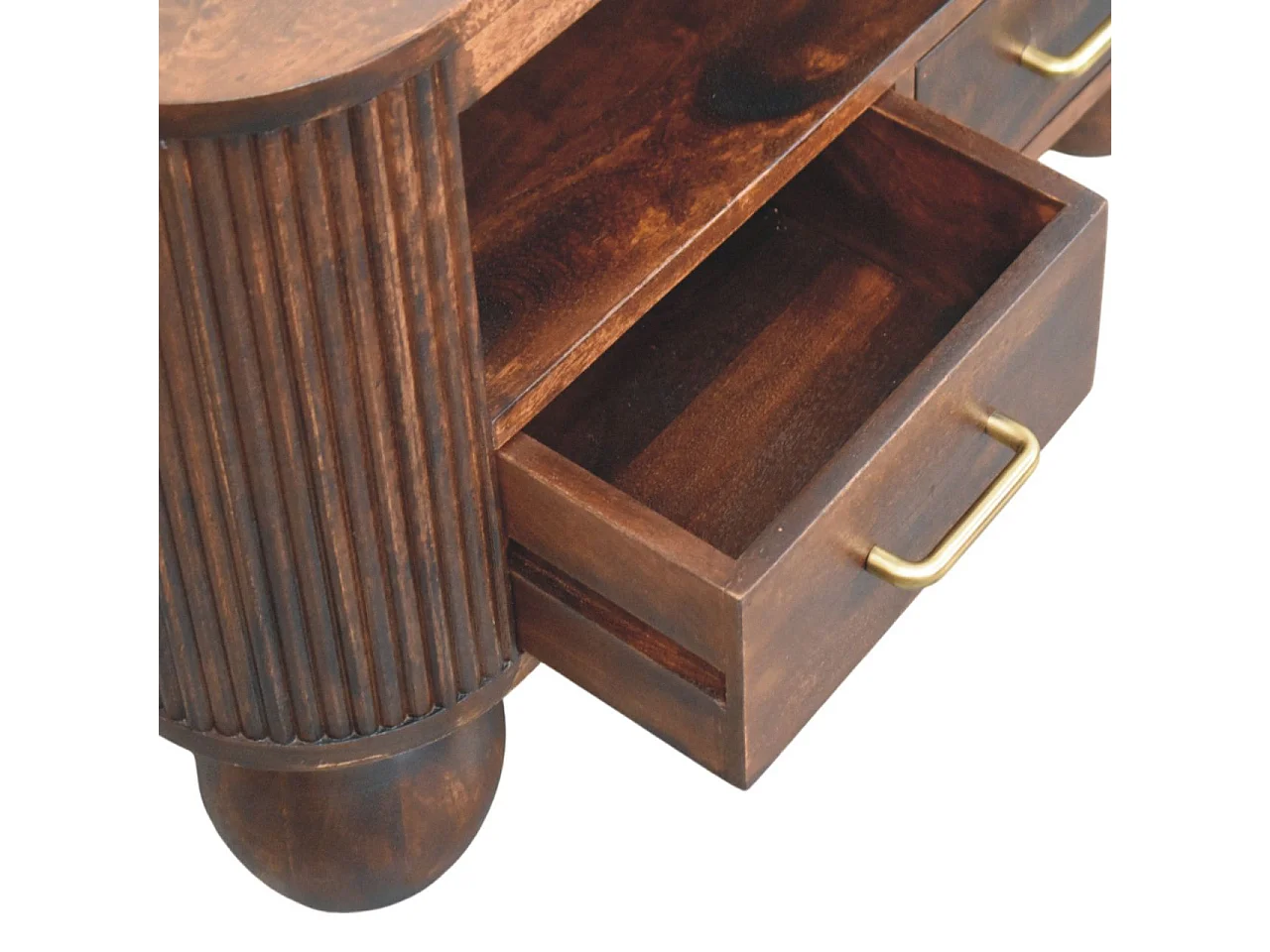 Artisan Furniture Table basse à pieds sphériques en bois massif, 1 compartiment ouvert et 2 tiroirs compacts, marron foncé