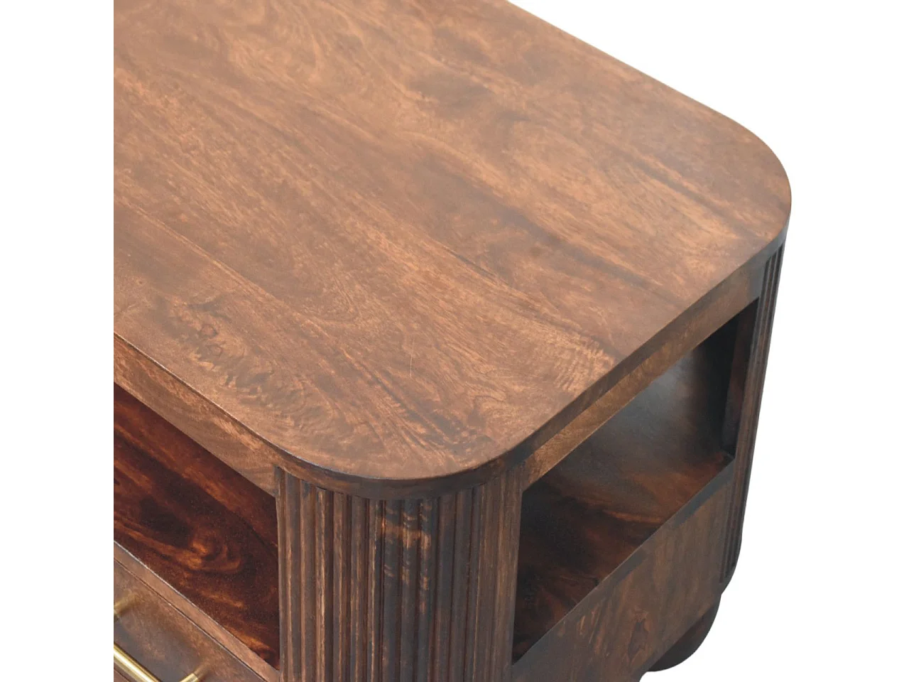 Artisan Furniture Table basse à pieds sphériques en bois massif, 1 compartiment ouvert et 2 tiroirs compacts, marron foncé