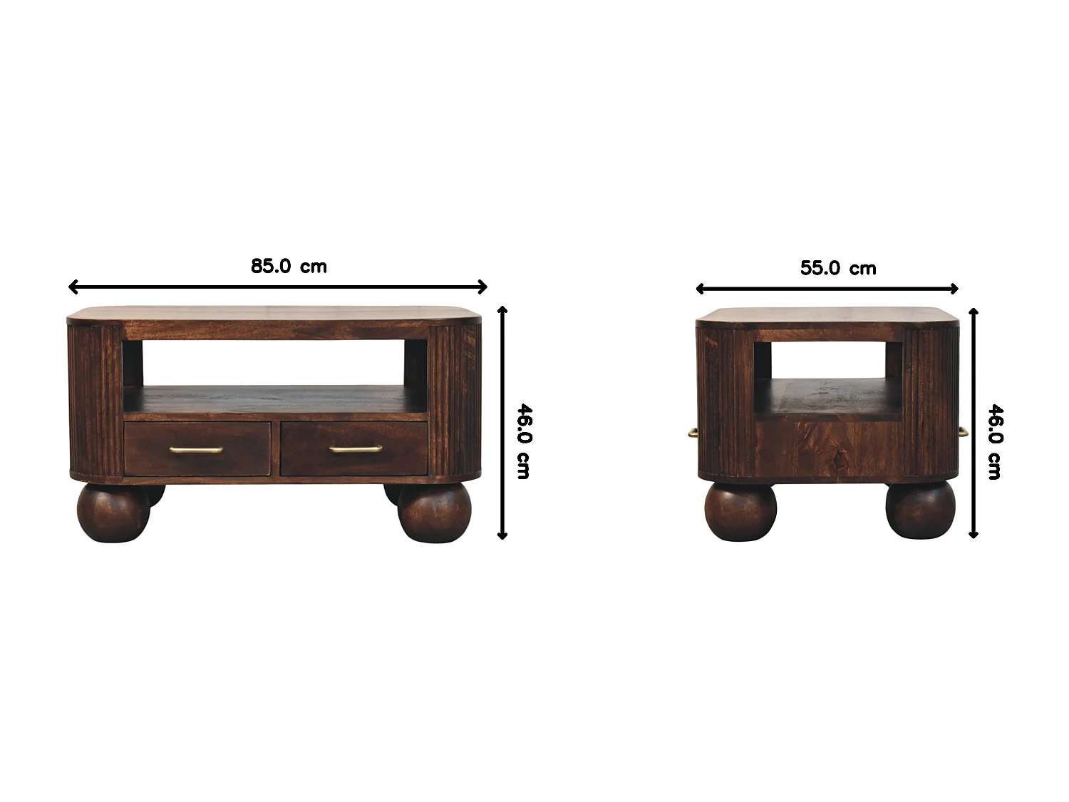Artisan Furniture Table basse à pieds sphériques en bois massif, 1 compartiment ouvert et 2 tiroirs compacts, marron foncé