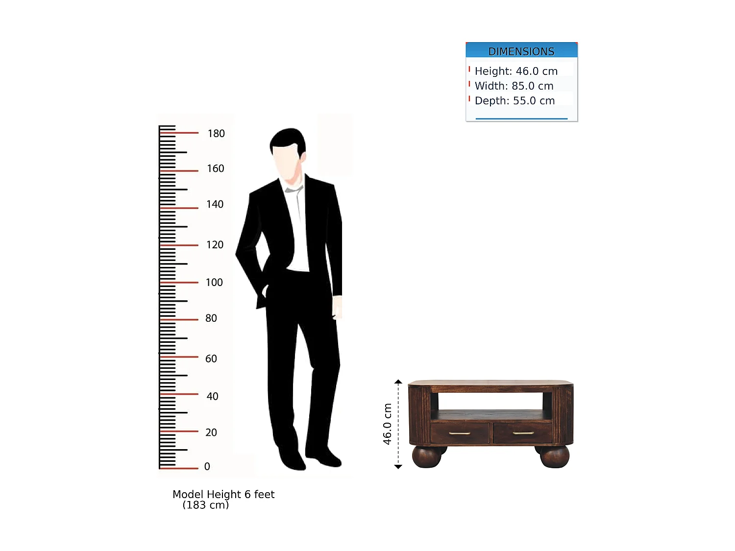Artisan Furniture Table basse à pieds sphériques en bois massif, 1 compartiment ouvert et 2 tiroirs compacts, marron foncé