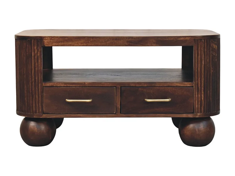 Artisan Furniture Table basse à pieds sphériques en bois massif, 1 compartiment ouvert et 2 tiroirs compacts, marron foncé