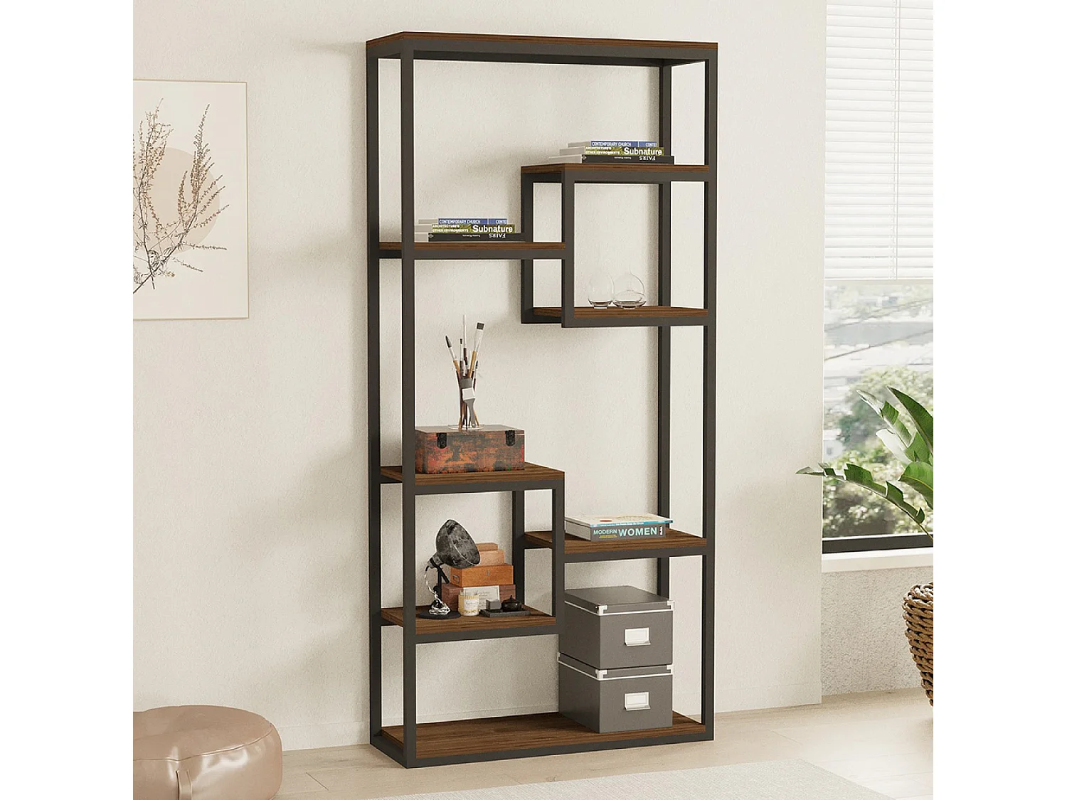 Étagère haute style industriel noyer et noir - 182 cm LOPA