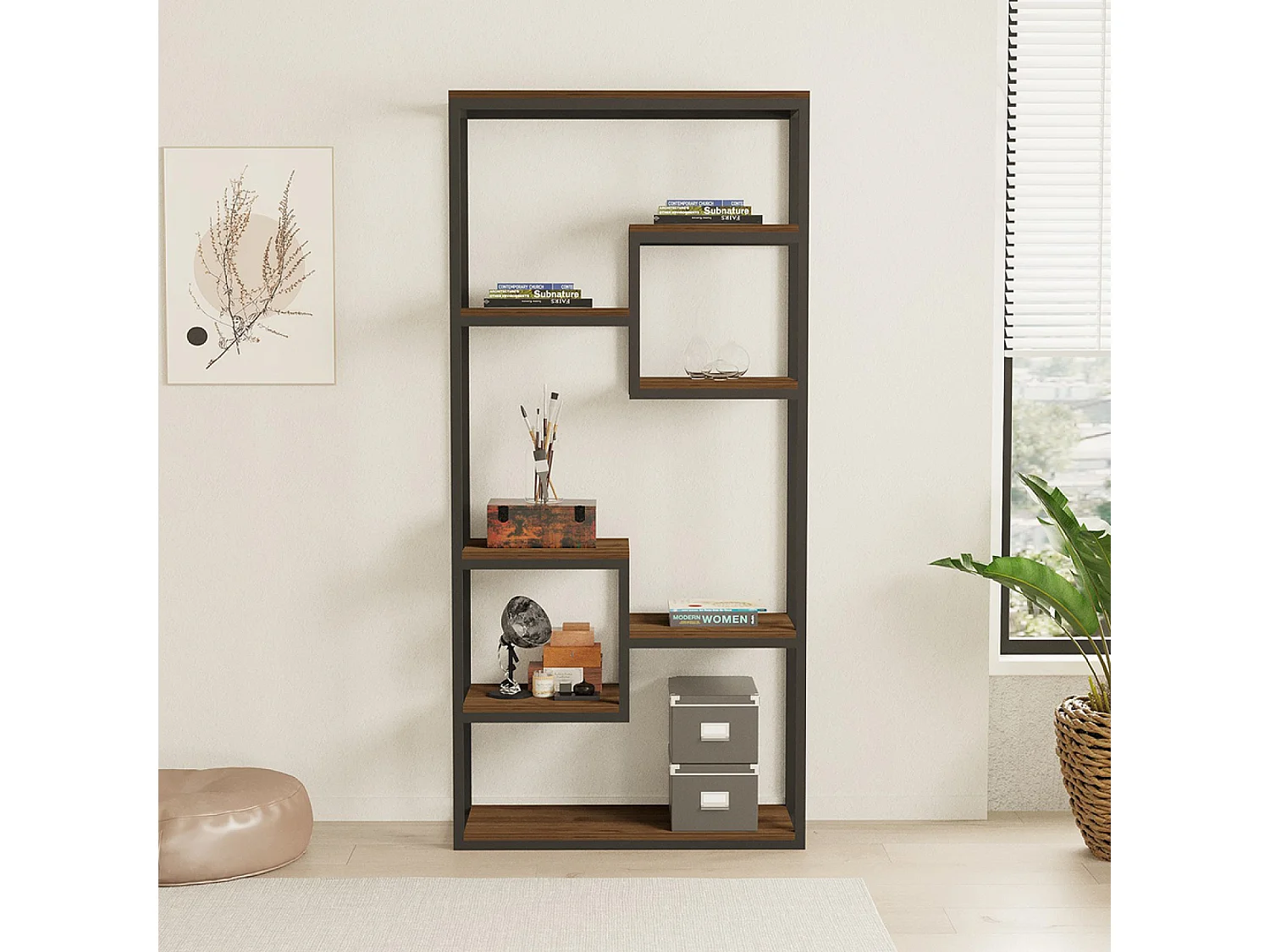 Étagère haute style industriel noyer et noir - 182 cm LOPA