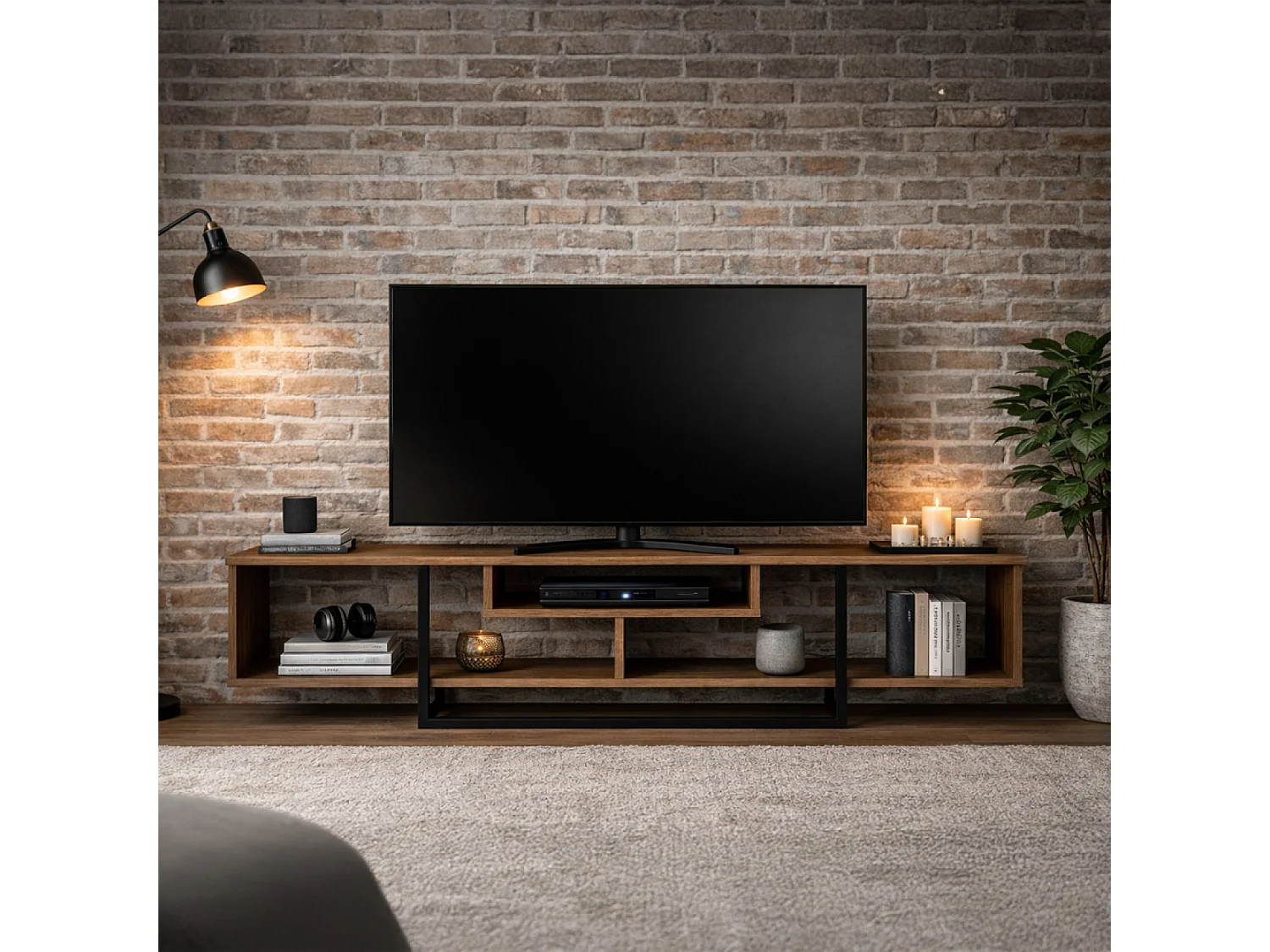 Meuble TV design industriel noyer et noir avec rangements - 149 cm SILO
