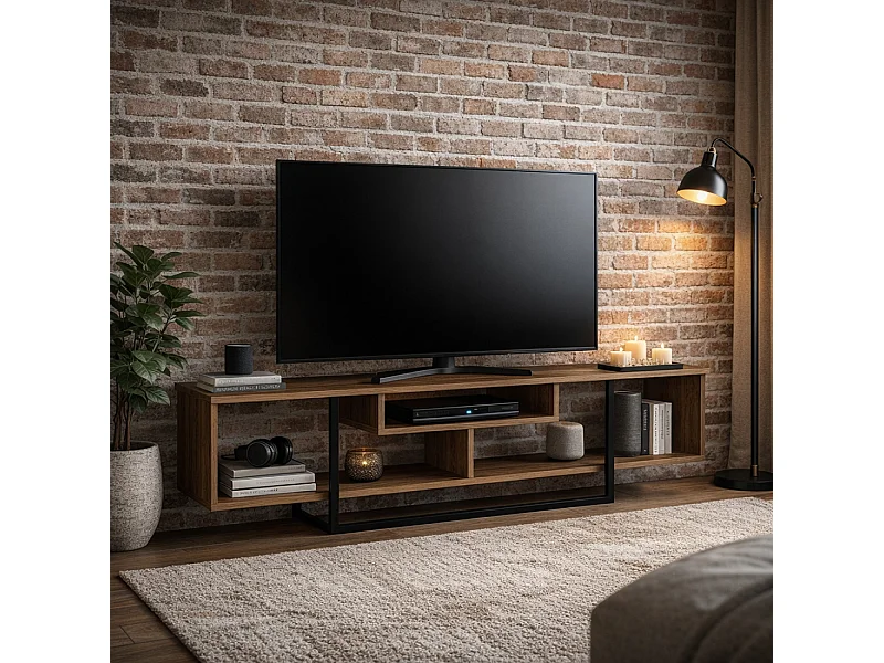 Meuble TV design industriel noyer et noir avec rangements - 149 cm SILO