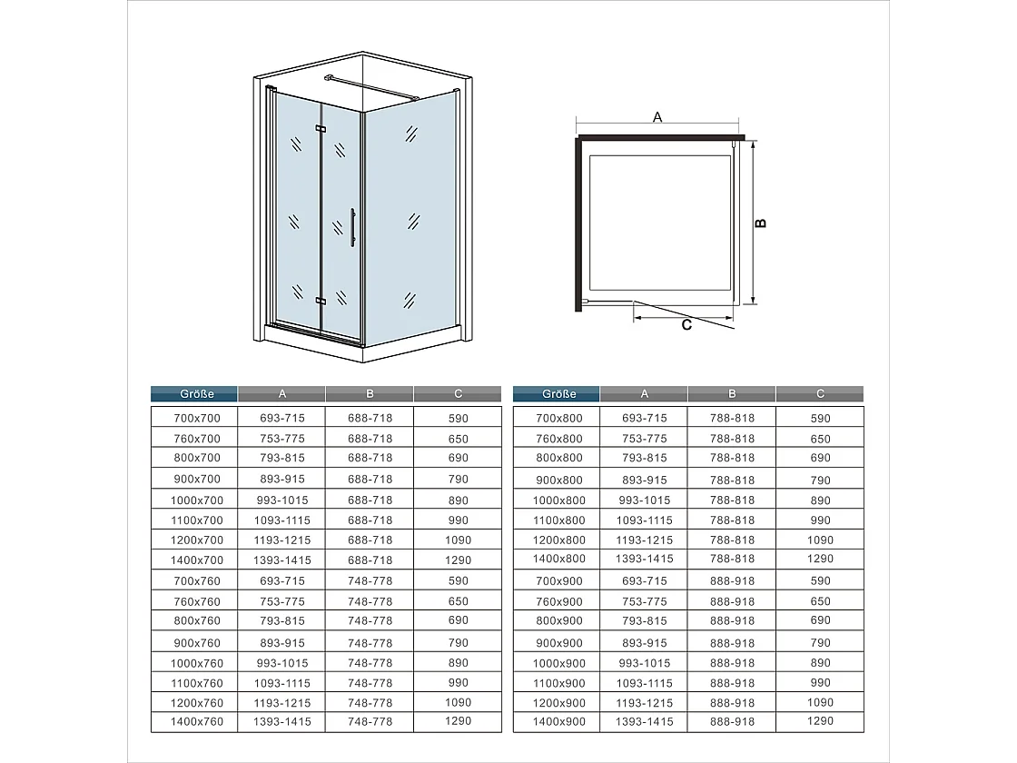 Nano+ESG Glas Eckeinstieg Duschabtrennung Duschkabine Drehtür 180°Falttür：90x197cm+Seitenwand：80x195cm