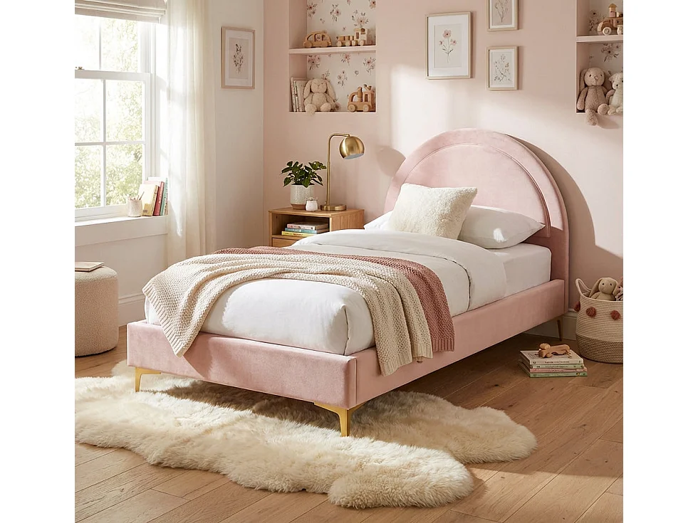 Lit enfant 90x190 cm tissu rose sommier inclus BOUDOIR