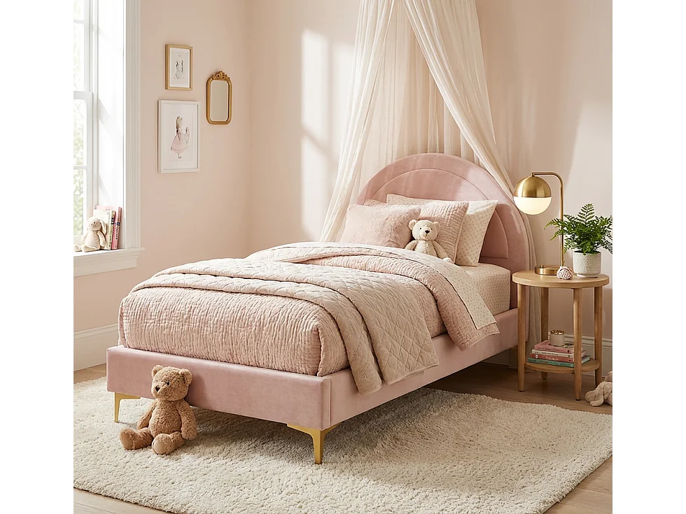 Lit enfant 90x190 cm tissu rose sommier inclus BOUDOIR