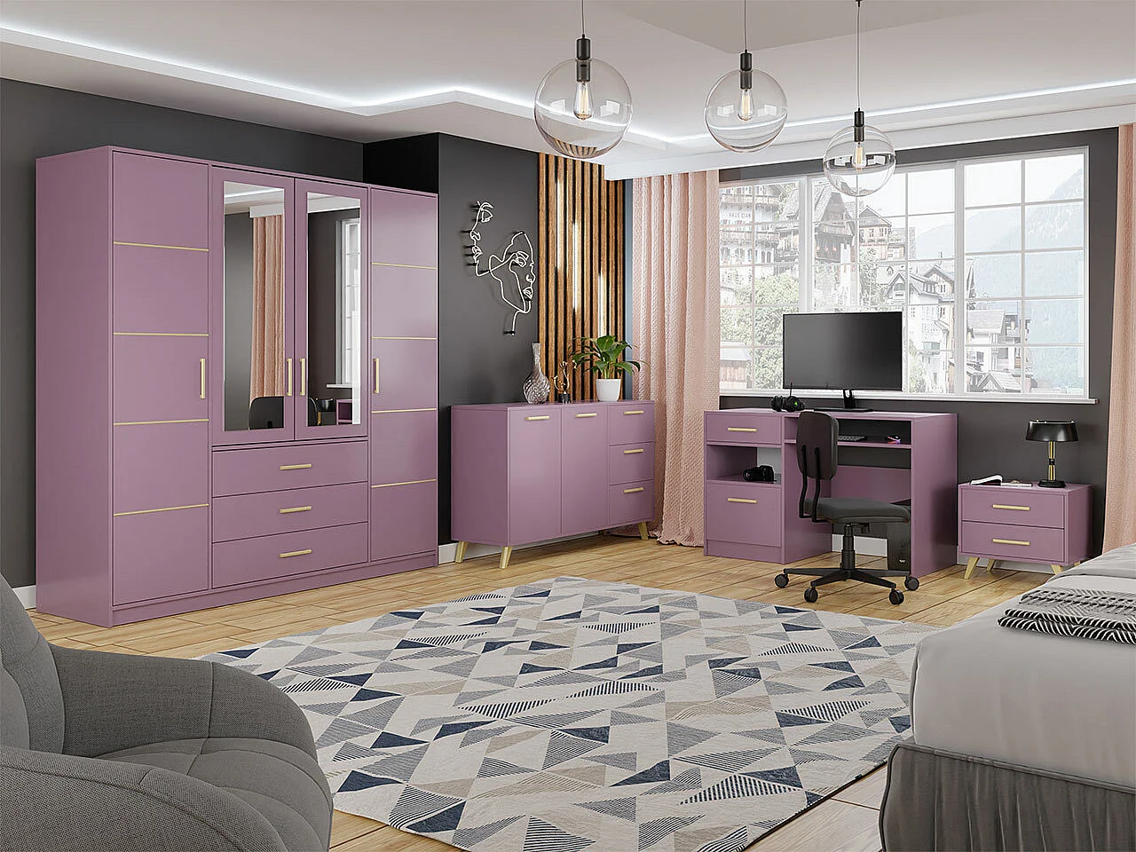 Commode Delbalo 103, Doré|Pourpre, Tiroirs et portes, Nombre de tiroirs: 3, 86x139x41cm