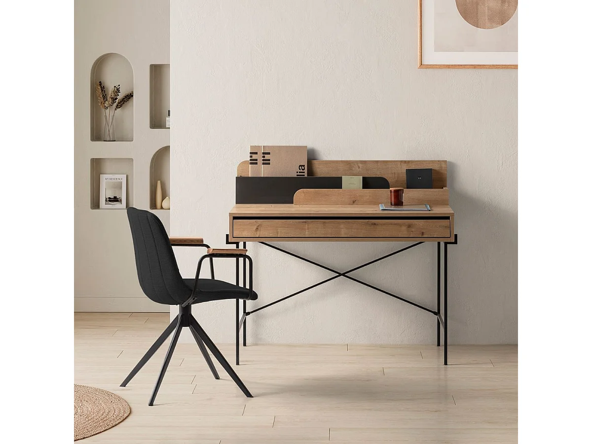 Lot de 2 chaises pivotantes en tissu maillé noir avec piètement métal laqué noir et accoudoirs - THALIA