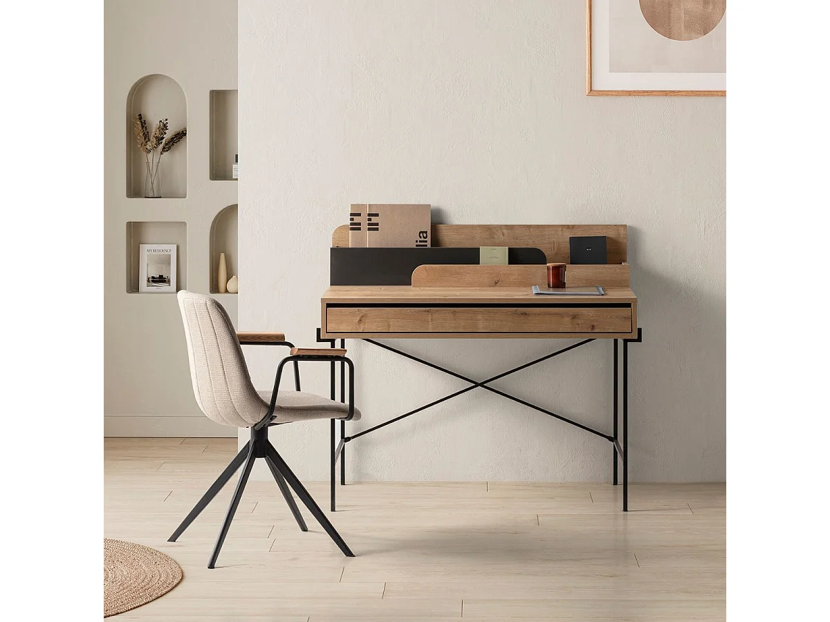 Lot de 2 chaises pivotantes en tissu maillé beige avec piètement métal laqué noir et accoudoirs - THALIA