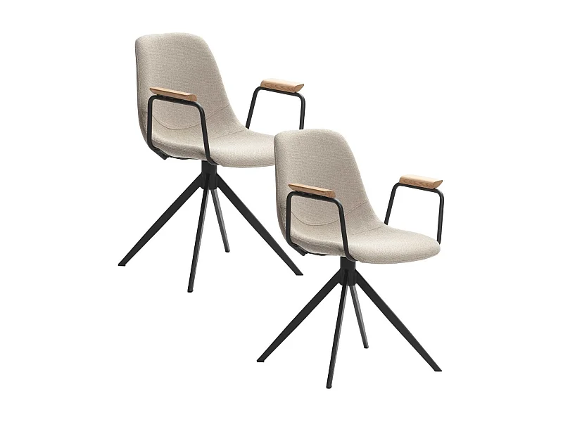 Lot de 2 chaises pivotantes en tissu maillé beige avec piètement métal laqué noir et accoudoirs - THALIA