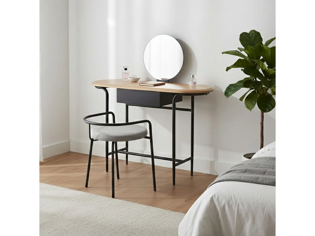 Coiffeuse en métal et MDF plateau placage chêne avec miroir réglable en hauteur - ORBELLE