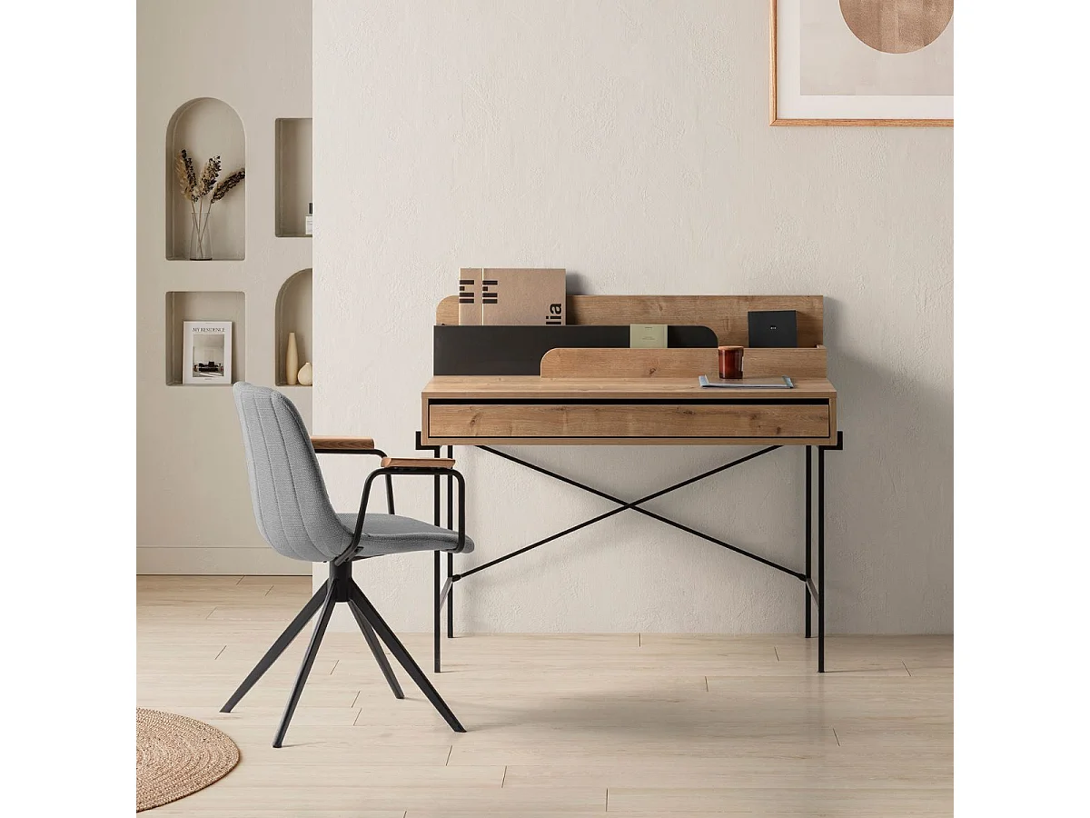 Lot de 2 chaises pivotantes en tissu maillé gris clair avec piètement métal laqué noir et accoudoirs - THALIA