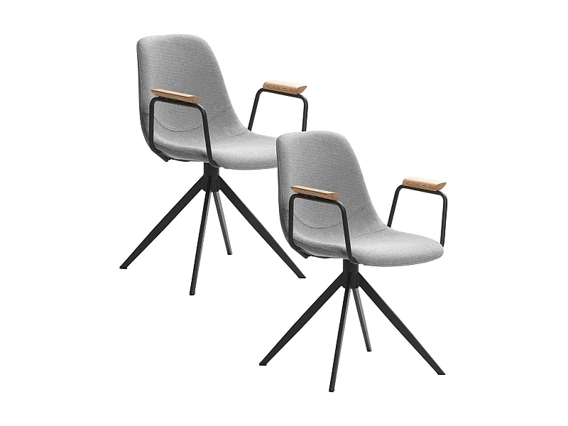 Lot de 2 chaises pivotantes en tissu maillé gris clair avec piètement métal laqué noir et accoudoirs - THALIA