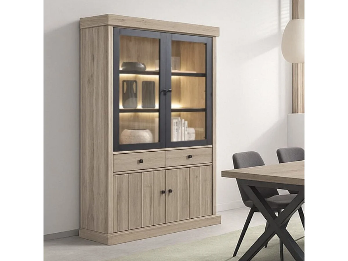 Argentier 4 portes dont 2 vitrées et 2 tiroirs avec éclairage leds aspect bois finition Beach Oak - ROLYA