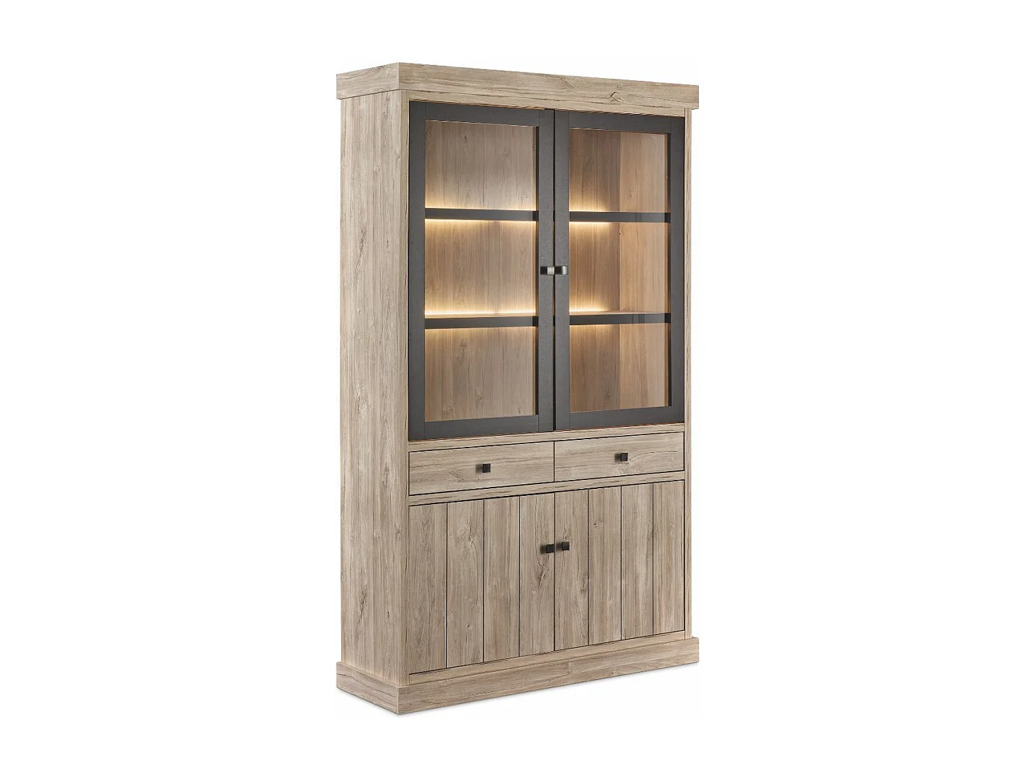Argentier 4 portes dont 2 vitrées et 2 tiroirs avec éclairage leds aspect bois finition Beach Oak - ROLYA