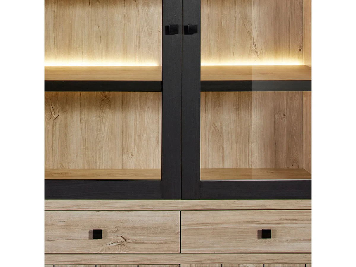 Argentier 4 portes dont 2 vitrées et 2 tiroirs avec éclairage leds aspect bois finition Beach Oak - ROLYA