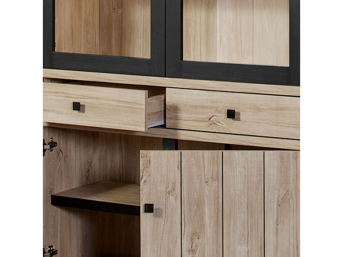 Argentier 4 portes dont 2 vitrées et 2 tiroirs avec éclairage leds aspect bois finition Beach Oak - ROLYA