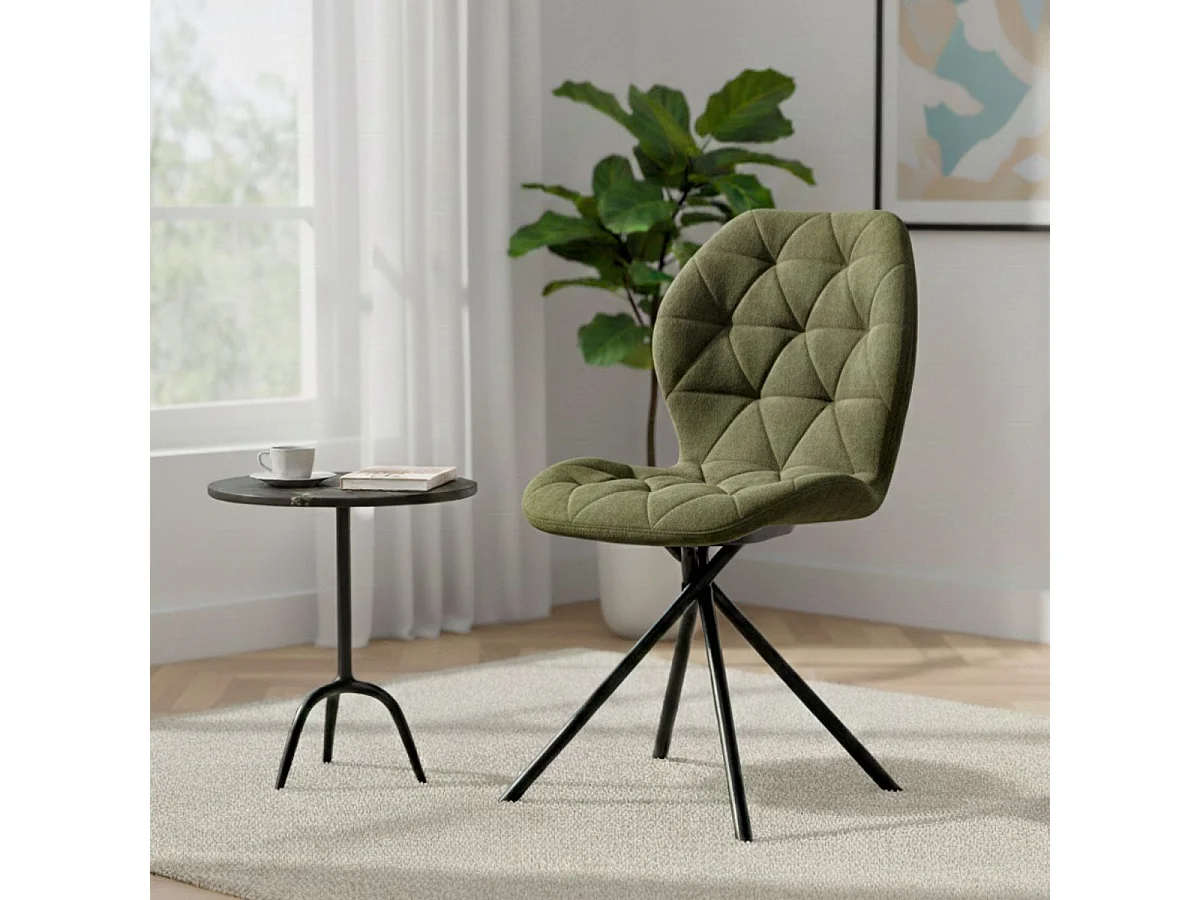 Lot de 4 chaises pivotantes en tissu déperlant vert avec piqûres décoratives losanges - NOLYA