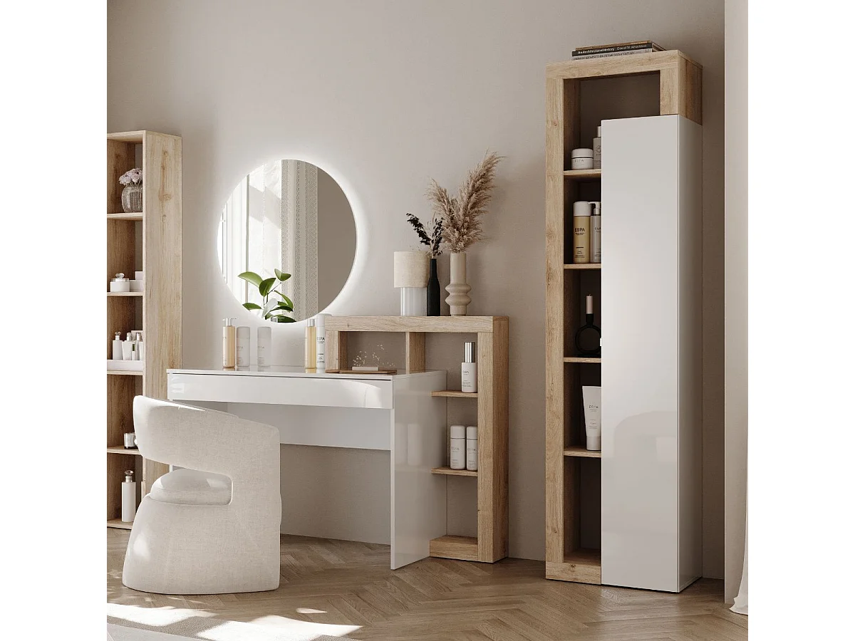 Coiffeuse 1 tiroir avec étagère décalées blanc laqué et aspect bois finition Cadiz - ARTURO